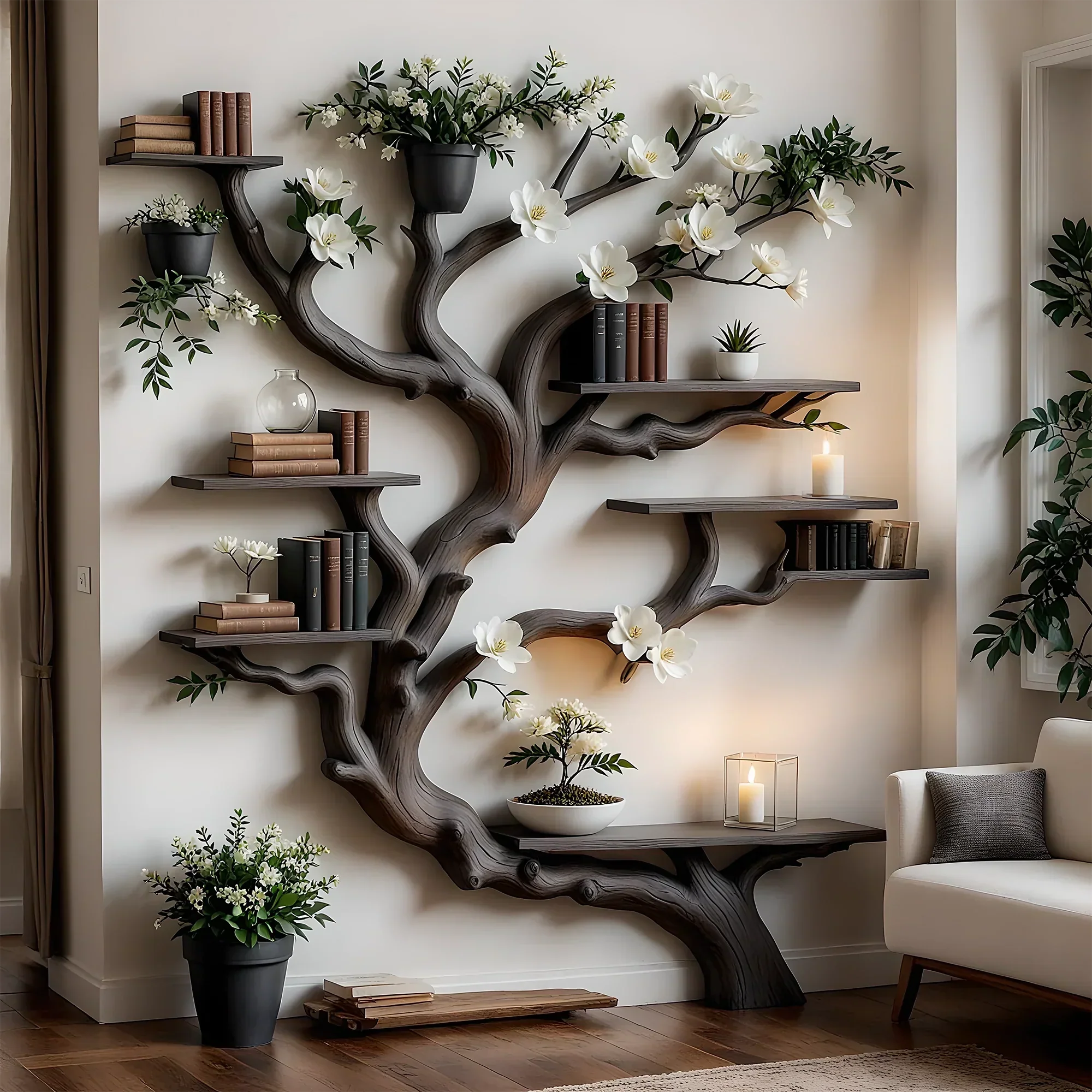 Solid Wood Tree Bookshelf – Nature Theme Decor for Living Room or Nursery