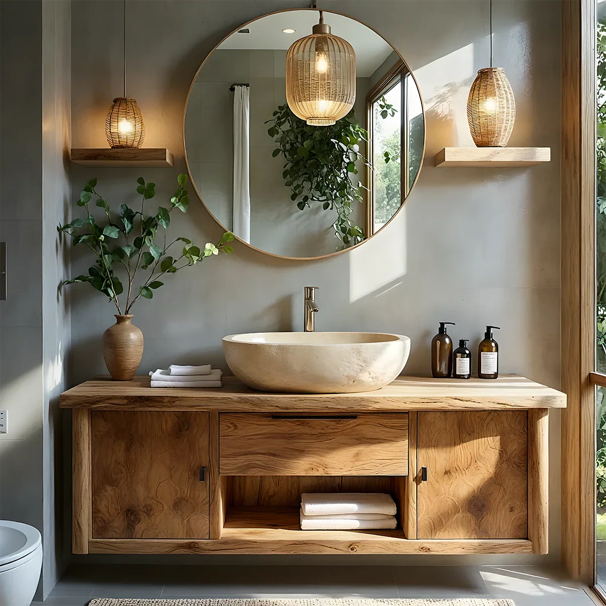 Zenwood Bathroom Vanity – Natural Solid Wood Japandi Cabinet - Rustira