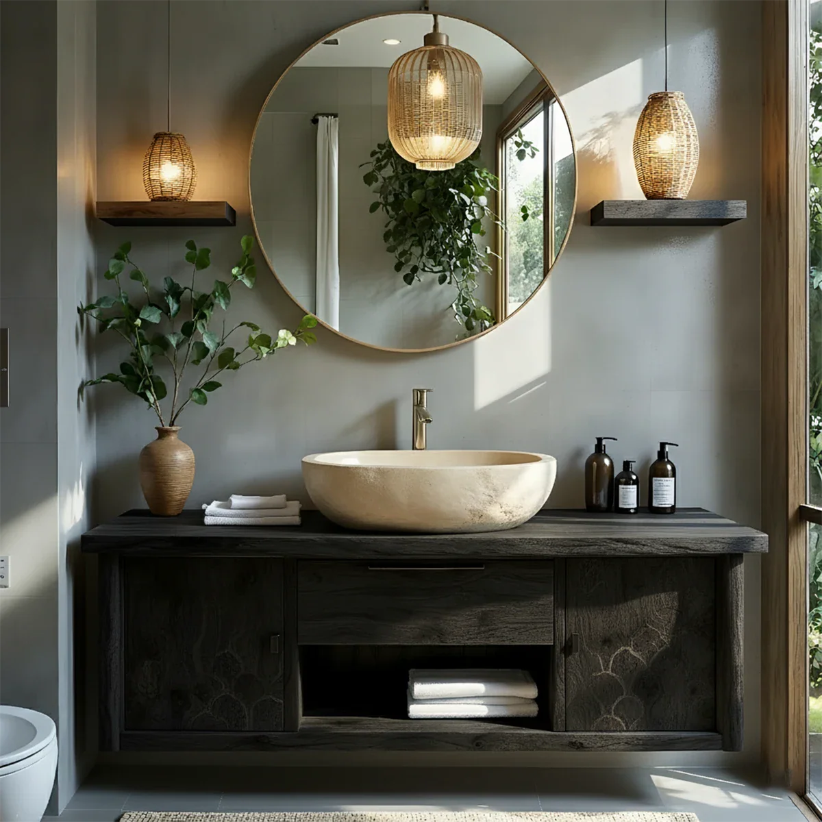 Zenwood Bathroom Vanity – Natural Solid Wood Japandi Cabinet - Rustira