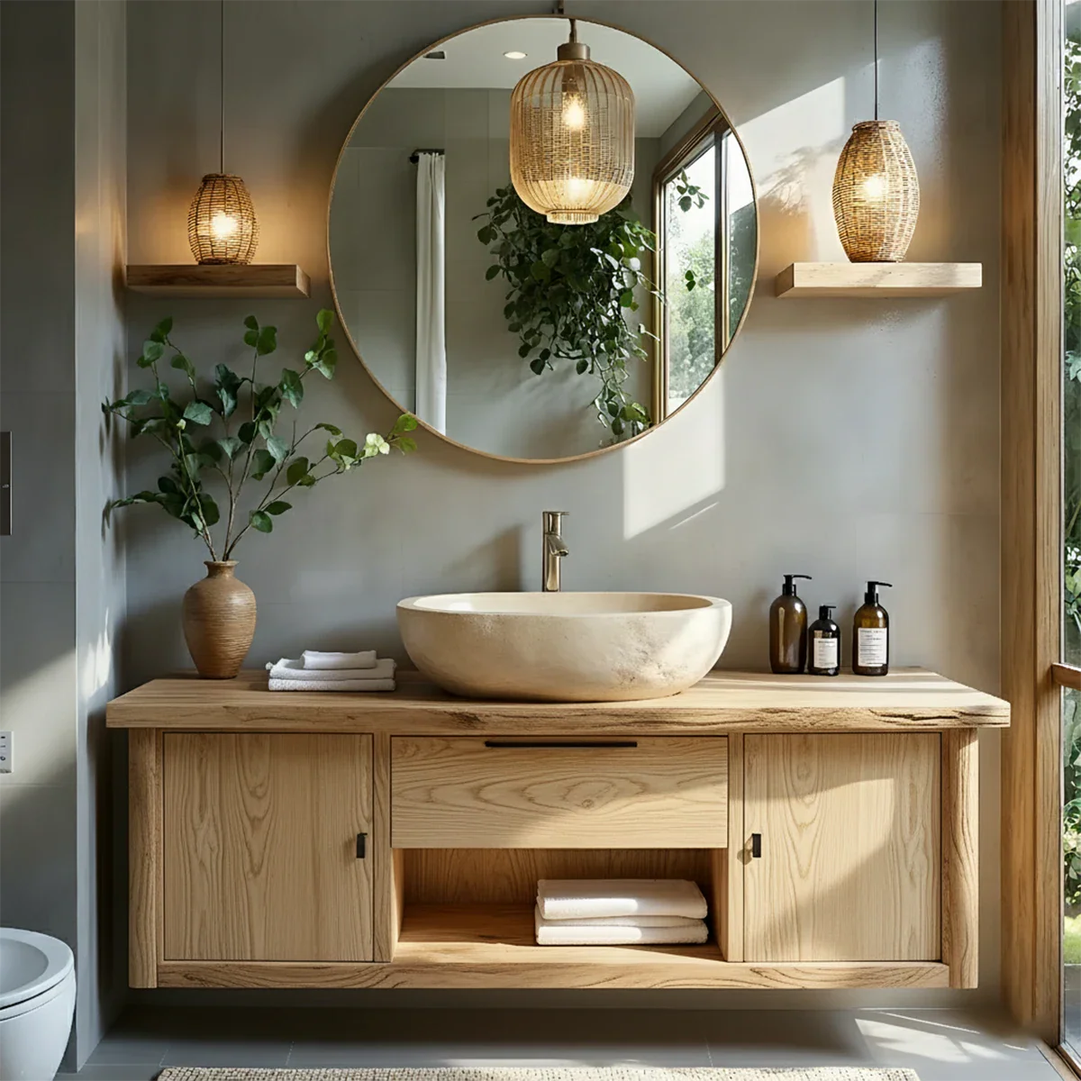 Zenwood Bathroom Vanity – Natural Solid Wood Japandi Cabinet - Rustira