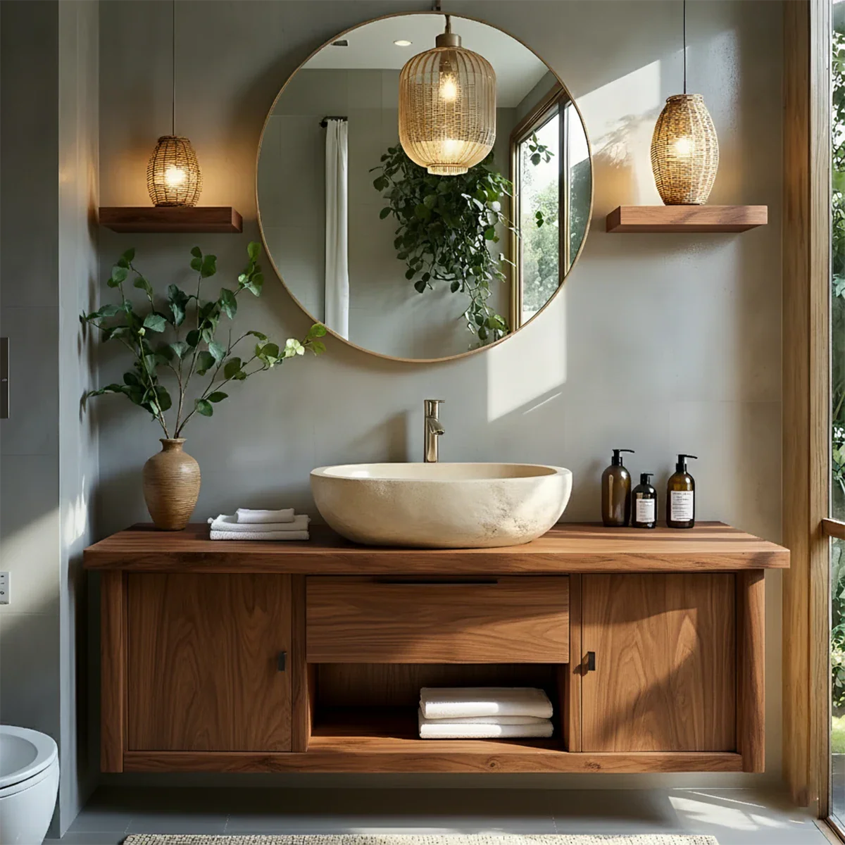 Zenwood Bathroom Vanity – Natural Solid Wood Japandi Cabinet - Rustira