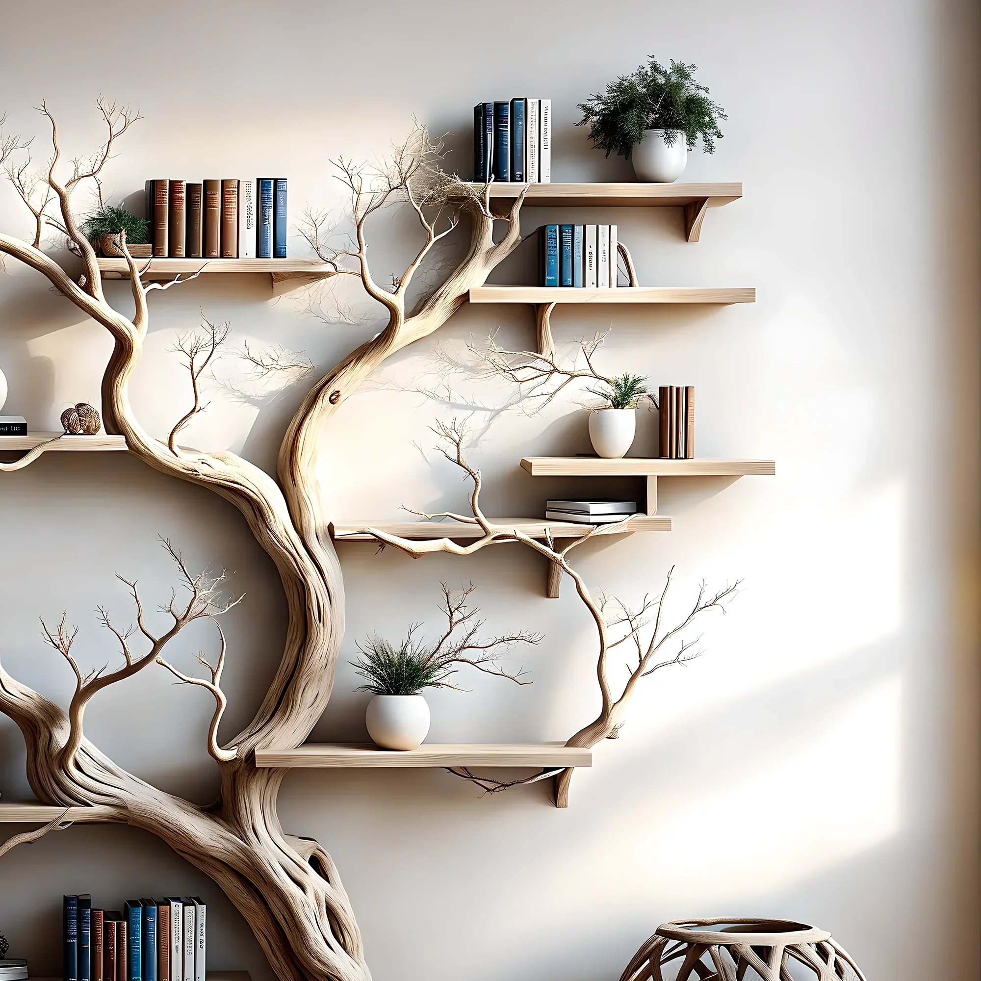 driftwood, solid wood, tree branch bookshelf, home decoration shelf