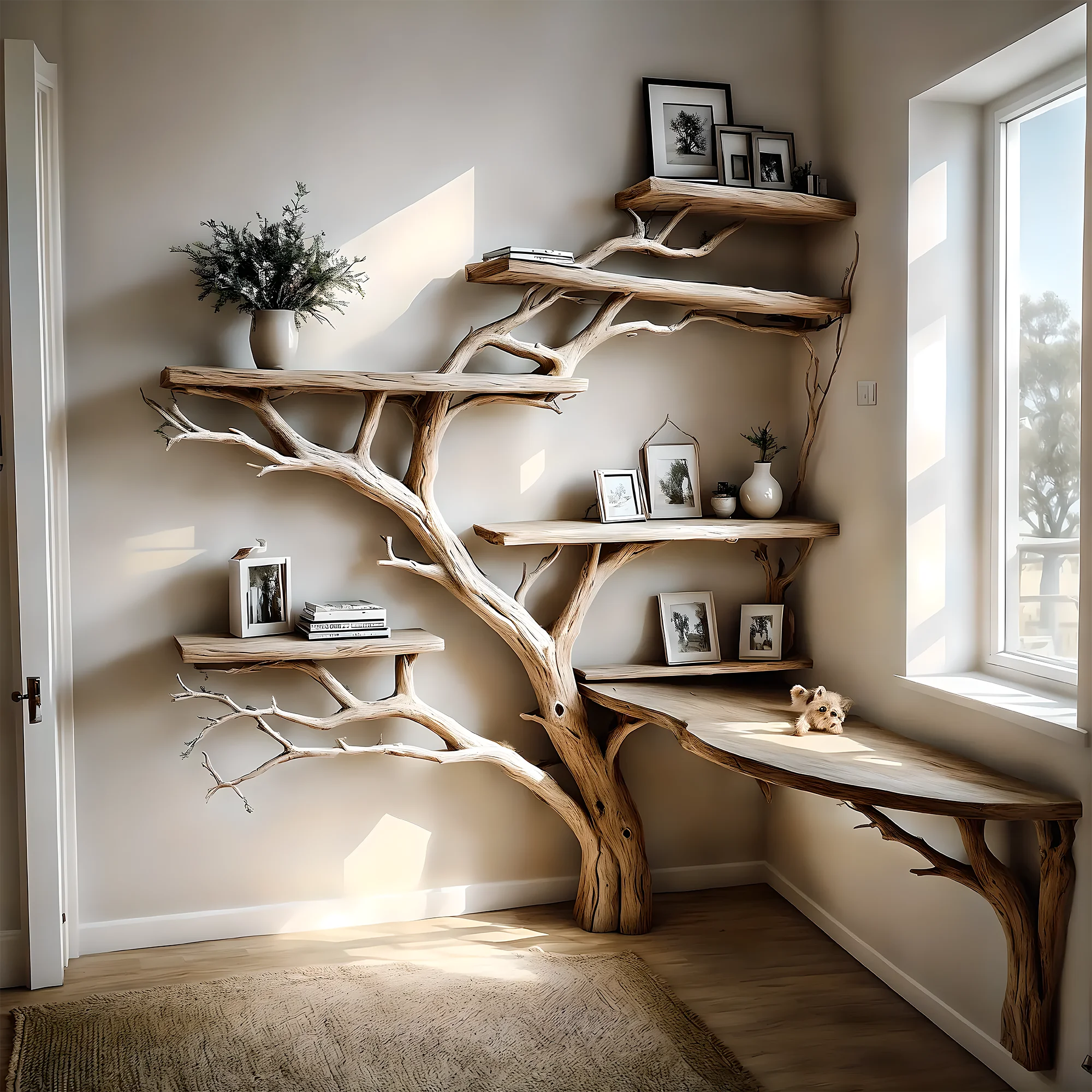 Tree-studded bookshelf, corner shelf living next to solid wood bookshelf on decorative wall 