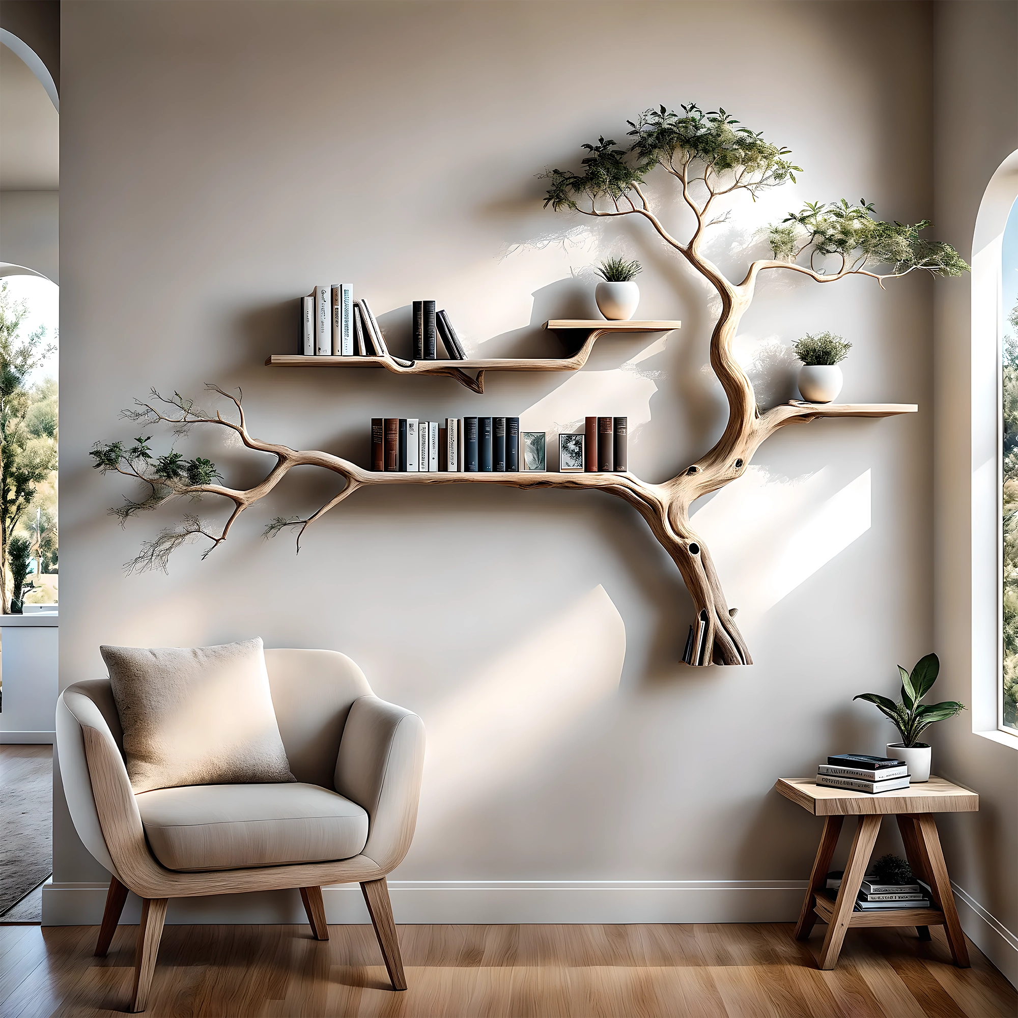 Bookshelf decorated with tree branch wall-mounted bookshelf Solid wood bookshelf for decoration 