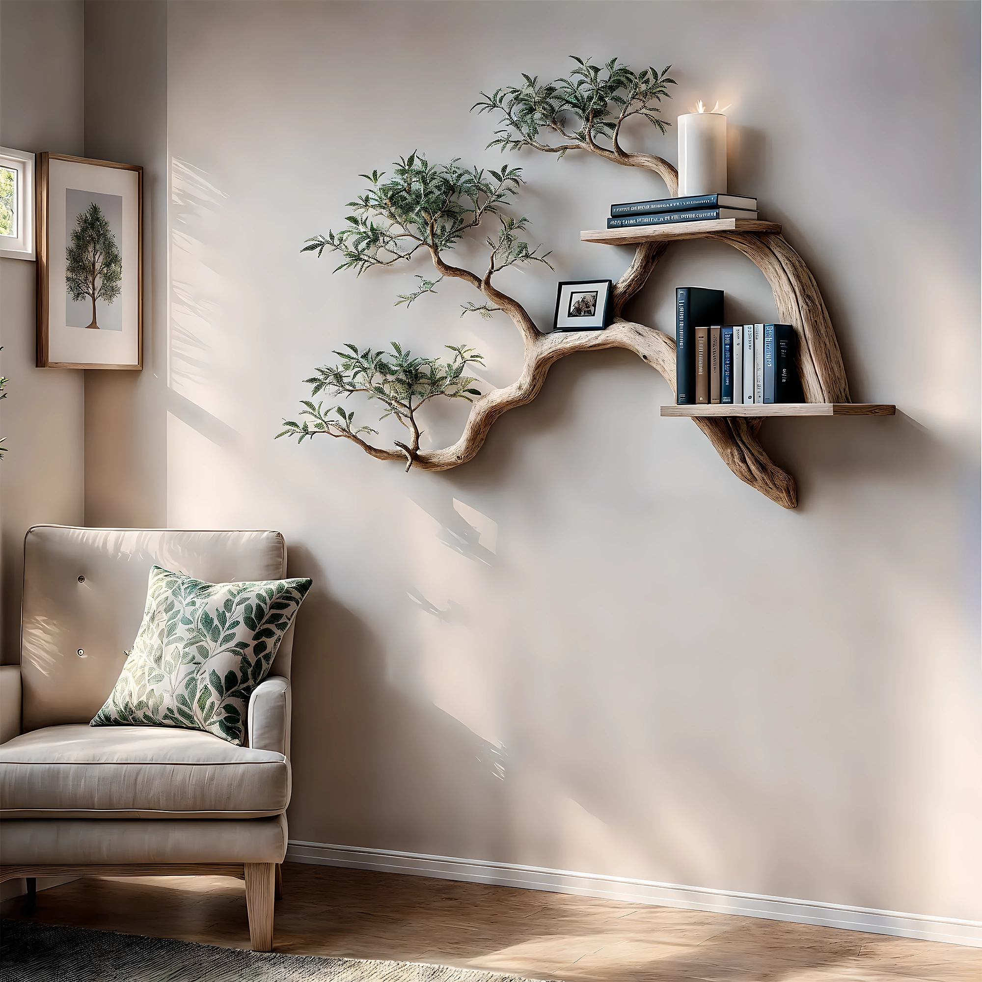 tile-Bookshelf decorated with tree branches Solid wooden bookshelf for decoration 