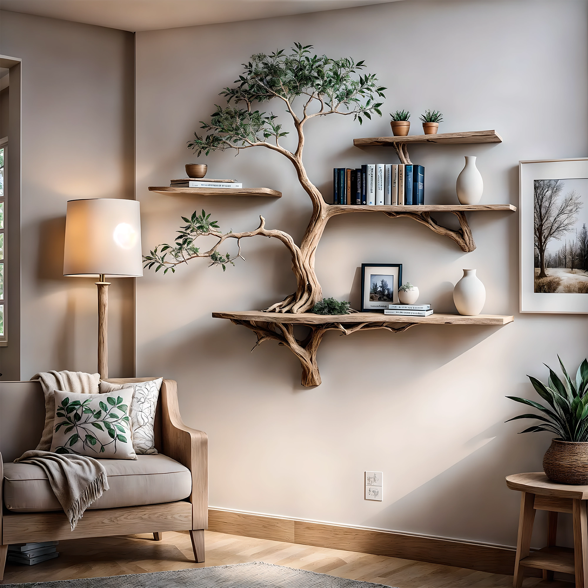 -Bookshelf decorated with tree branches Solid wooden bookshelf for decoration 