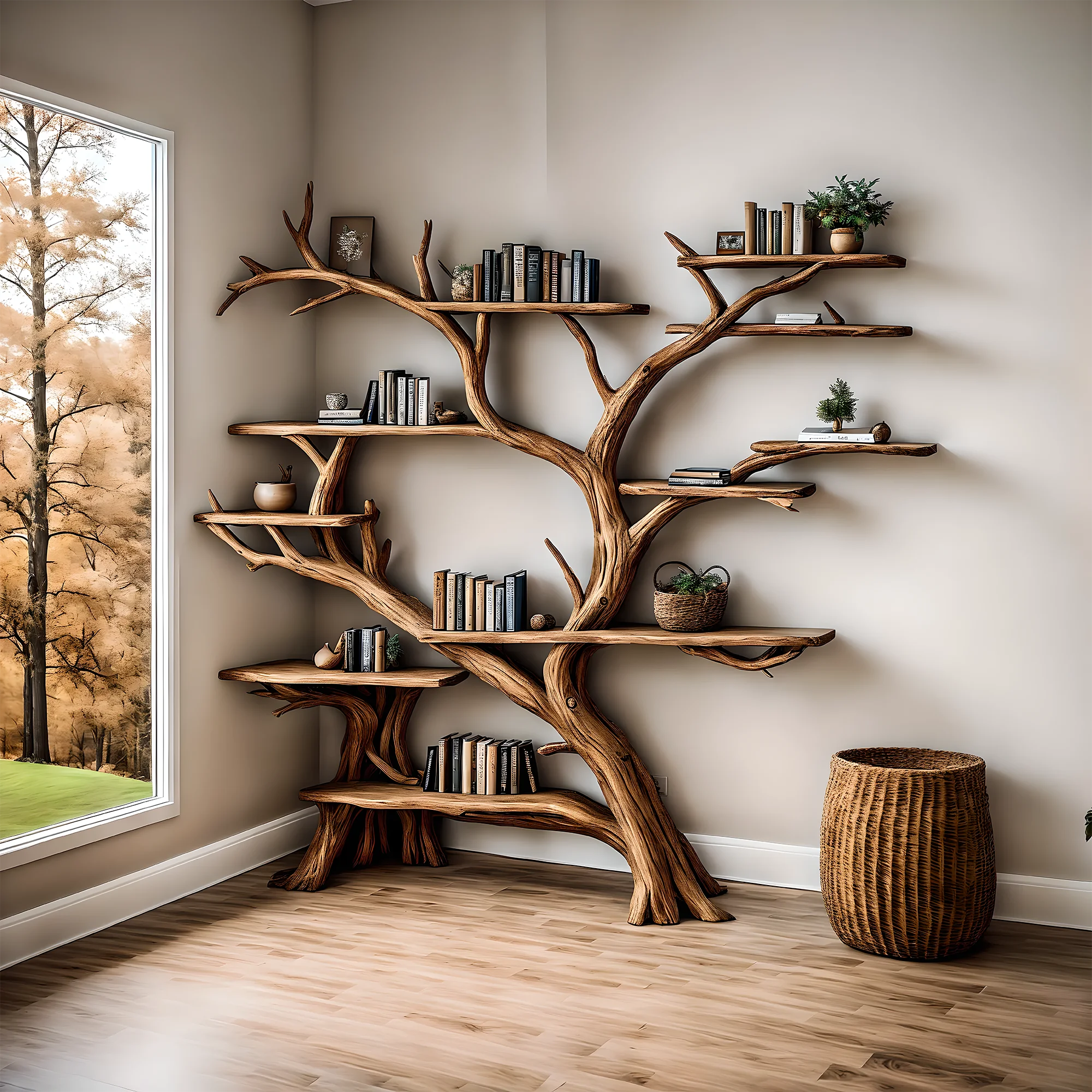 Handmade wooden bookshelf, Tree branch bookshelf, Living room decoration, Office decoration, Natural wood, Floating shelf 