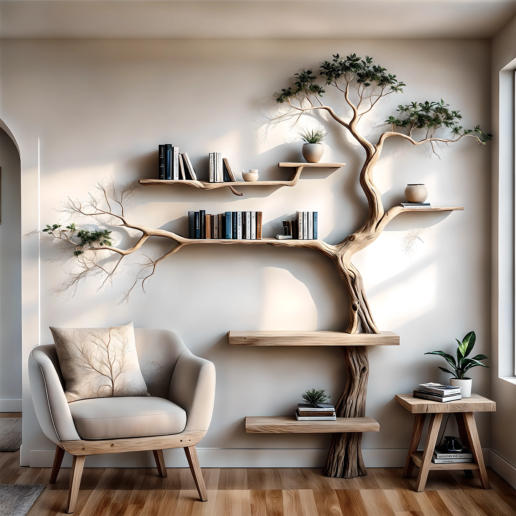 -Handmade wall-mounted solid wood tree branch bookshelf for interior decoration 