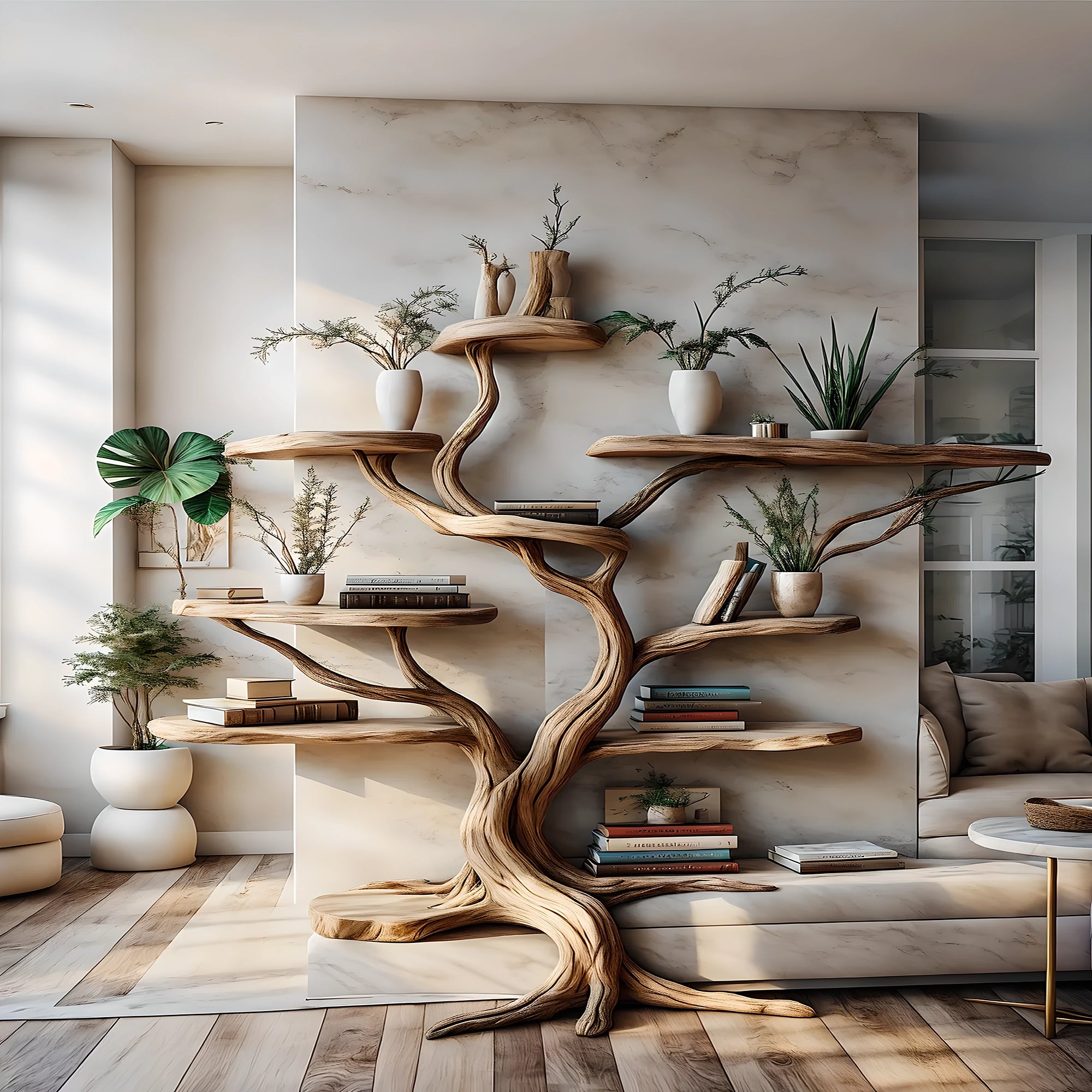 Decorative bookshelf, tree-shaped bookshelf, solid wood bookshelf, floating shelf, interior decoration 