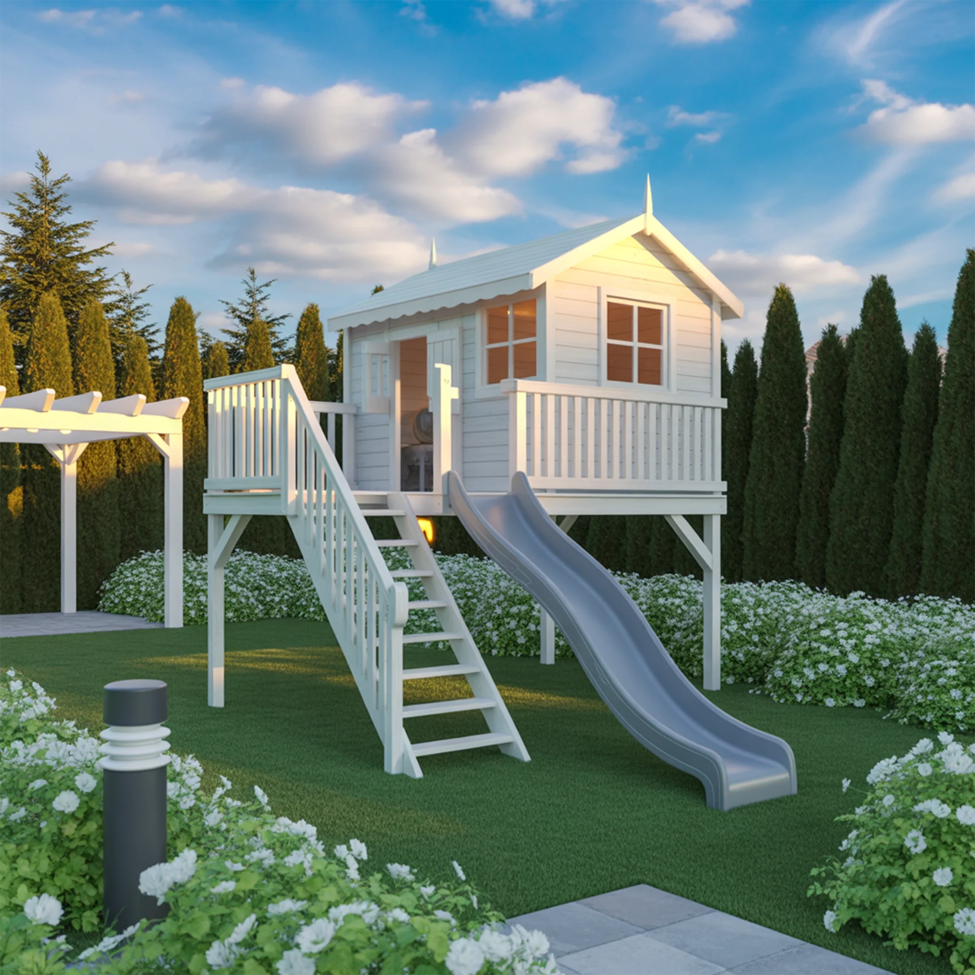 Modern Wooden Playhouse with Double Slide – 16ft x 10ft x 9ft Outdoor Backyard Activity House for Kids