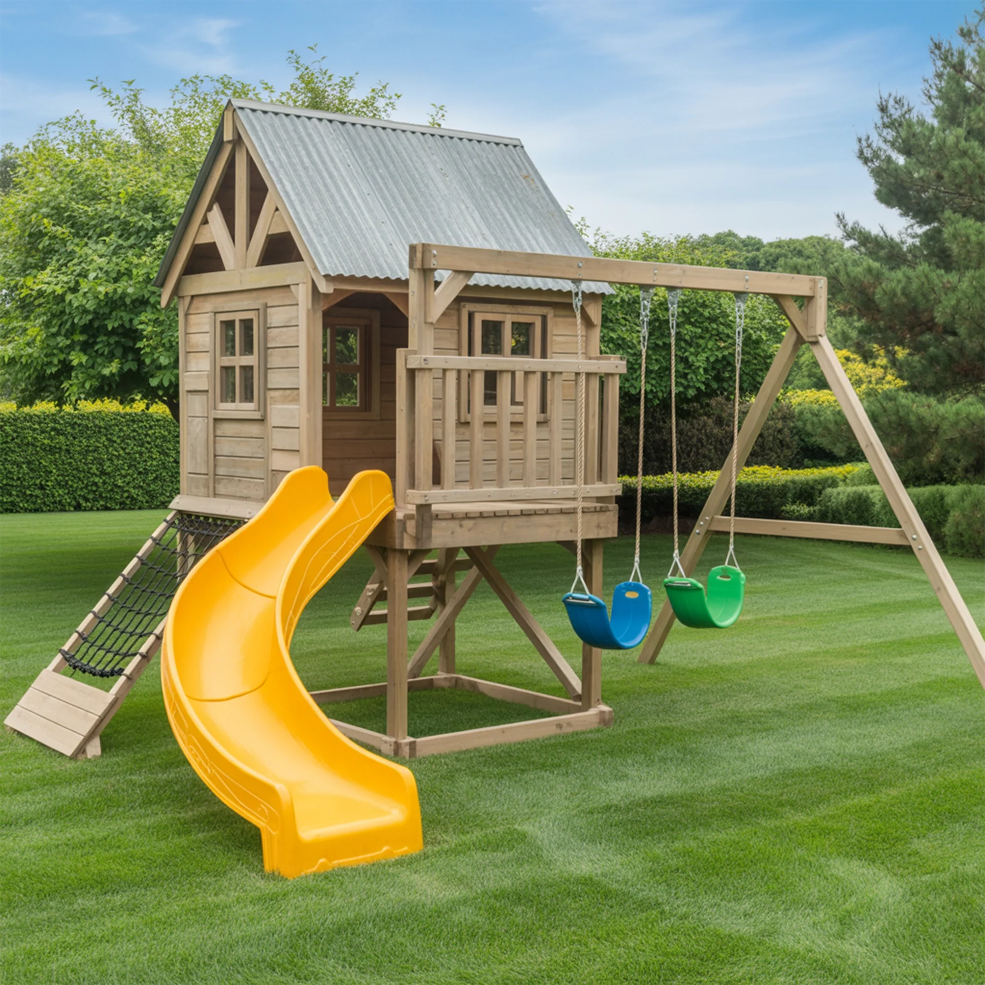 Wooden Outdoor Playhouse with Curved Slide, Double Swing & Climbing Net – Backyard Adventure Set | 24x10x9 ft