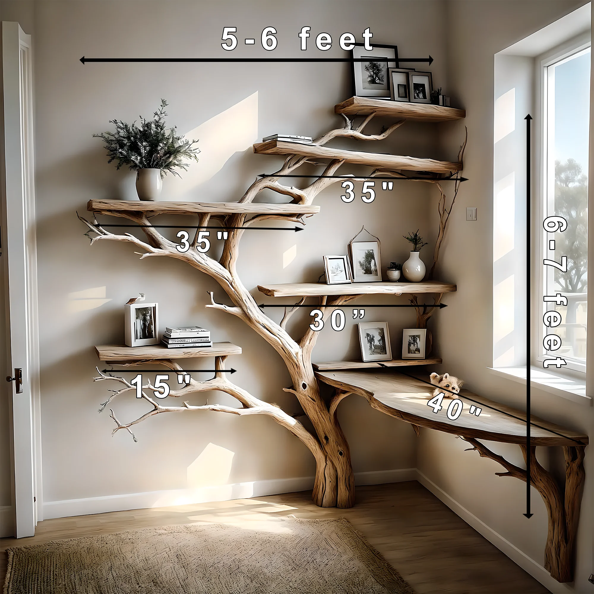 Tree-studded bookshelf, corner shelf living next to solid wood bookshelf on decorative wall 