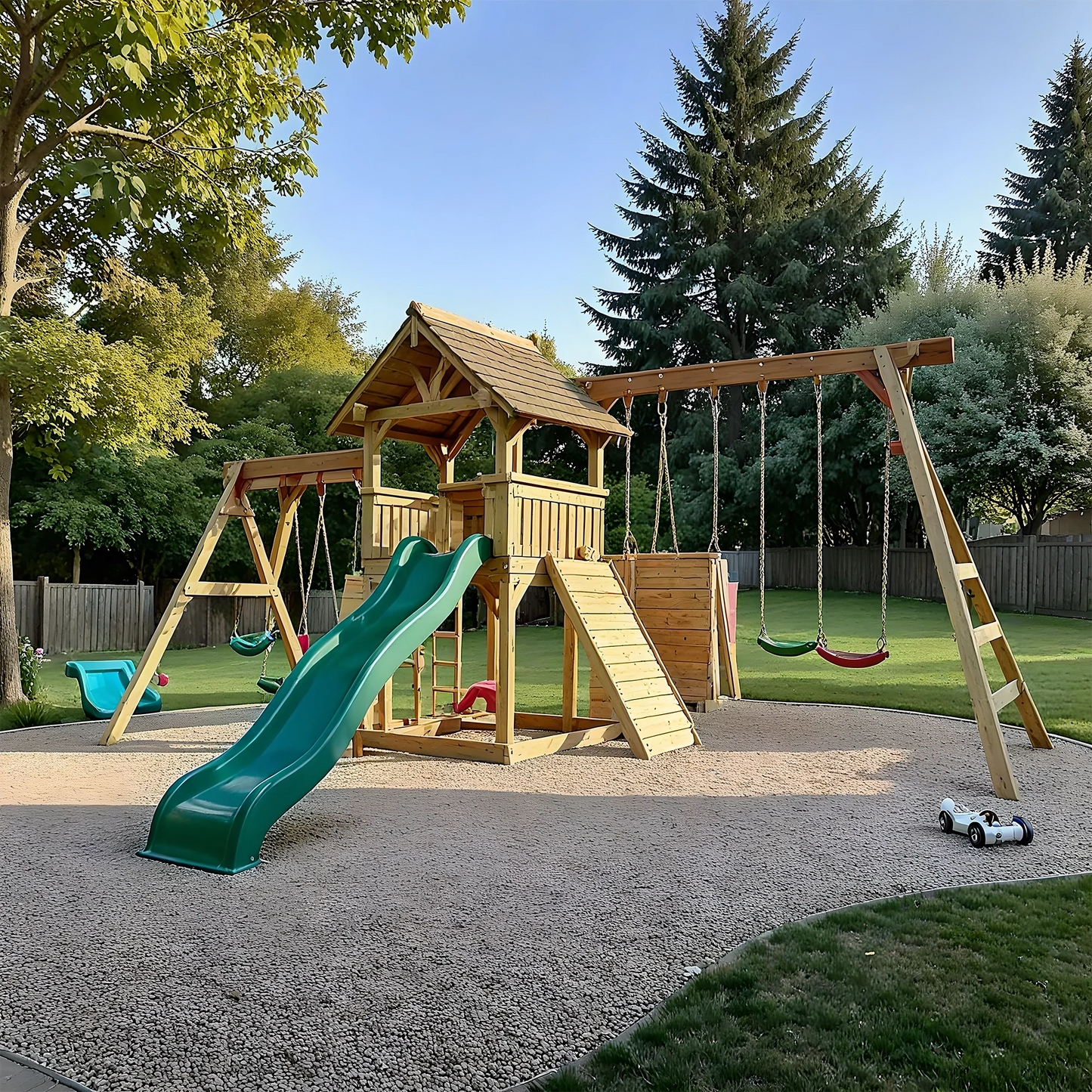 Outdoor Swing Set with Swings, Slides & Playhouse – Kids Wooden Playground