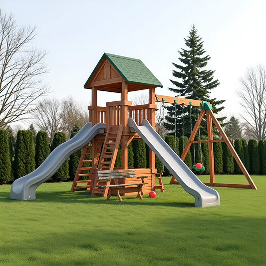 Family Backyard Swing Set with Large Wooden Structure, Swings & Adventure Tower