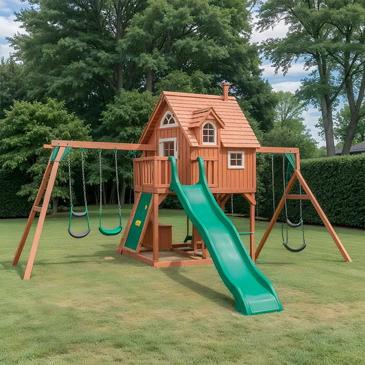 Outdoor Wooden Swing Set with Climbing Wall, Swings & Slides – Large Playhouse Design