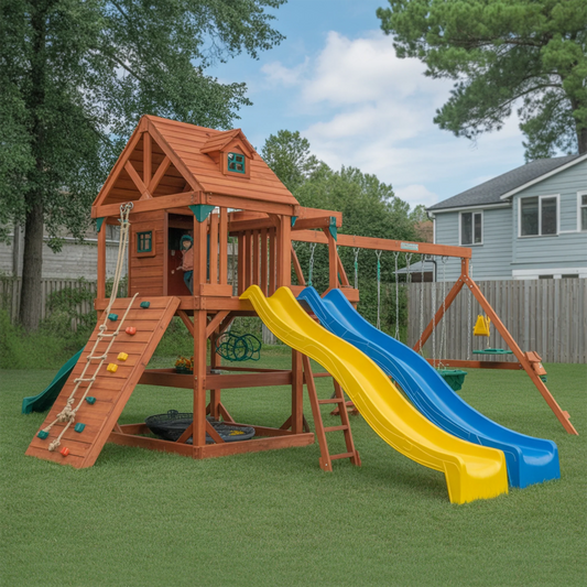 Wooden Swingset with Double Slides, Swings & Climbing Wall – Kids Outdoor Playground