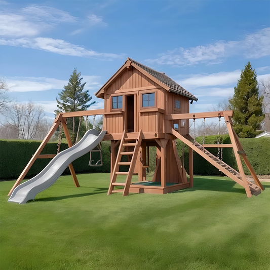 Wooden Swing Set for Backyard – Playhouse, Climbing Ladder & Double Swings