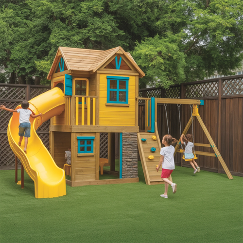 Deluxe Wooden Swingset with Spiral Slide & Double Swing – 22x12 ft