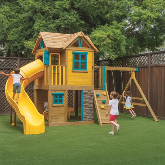 Deluxe Wooden Swingset with Spiral Slide & Double Swing – 22x12 ft