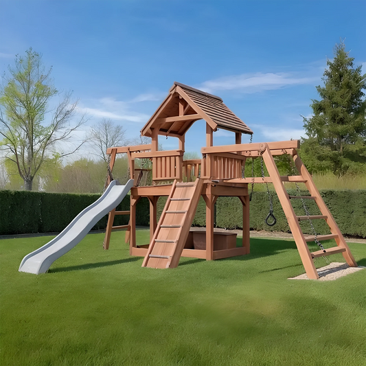 Kids Outdoor Wooden Playset with Swings, Slide & Bench – Durable Backyard Playground
