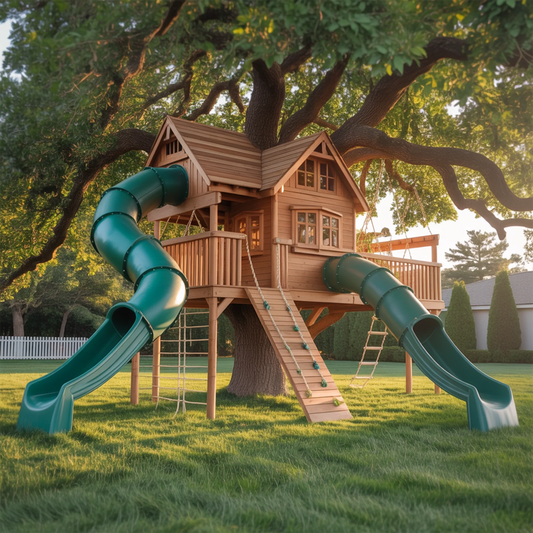 Wooden Swingset with Double Playhouses & Tube Slides – Kids Outdoor Playground