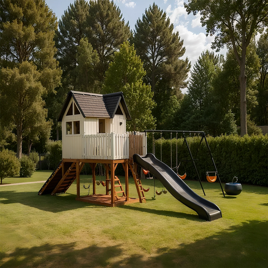 Wooden Outdoor Playground with Swings, Sandbox & Slide – Kids Backyard Playhouse