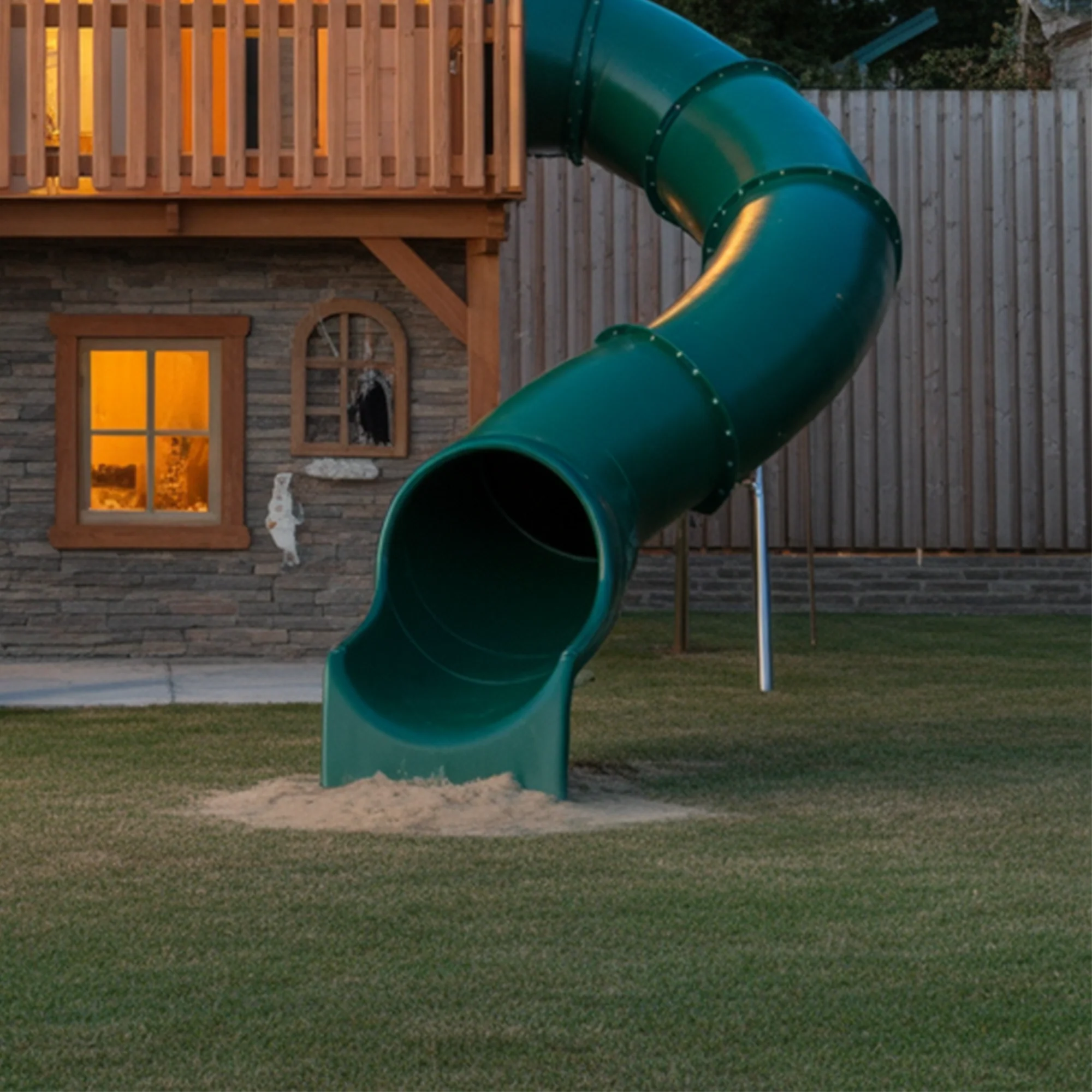 Two-Story Wooden Playhouse with Spiral Tube Slide & Swings | Outdoor Castle Playground for Kids Backyard Fun