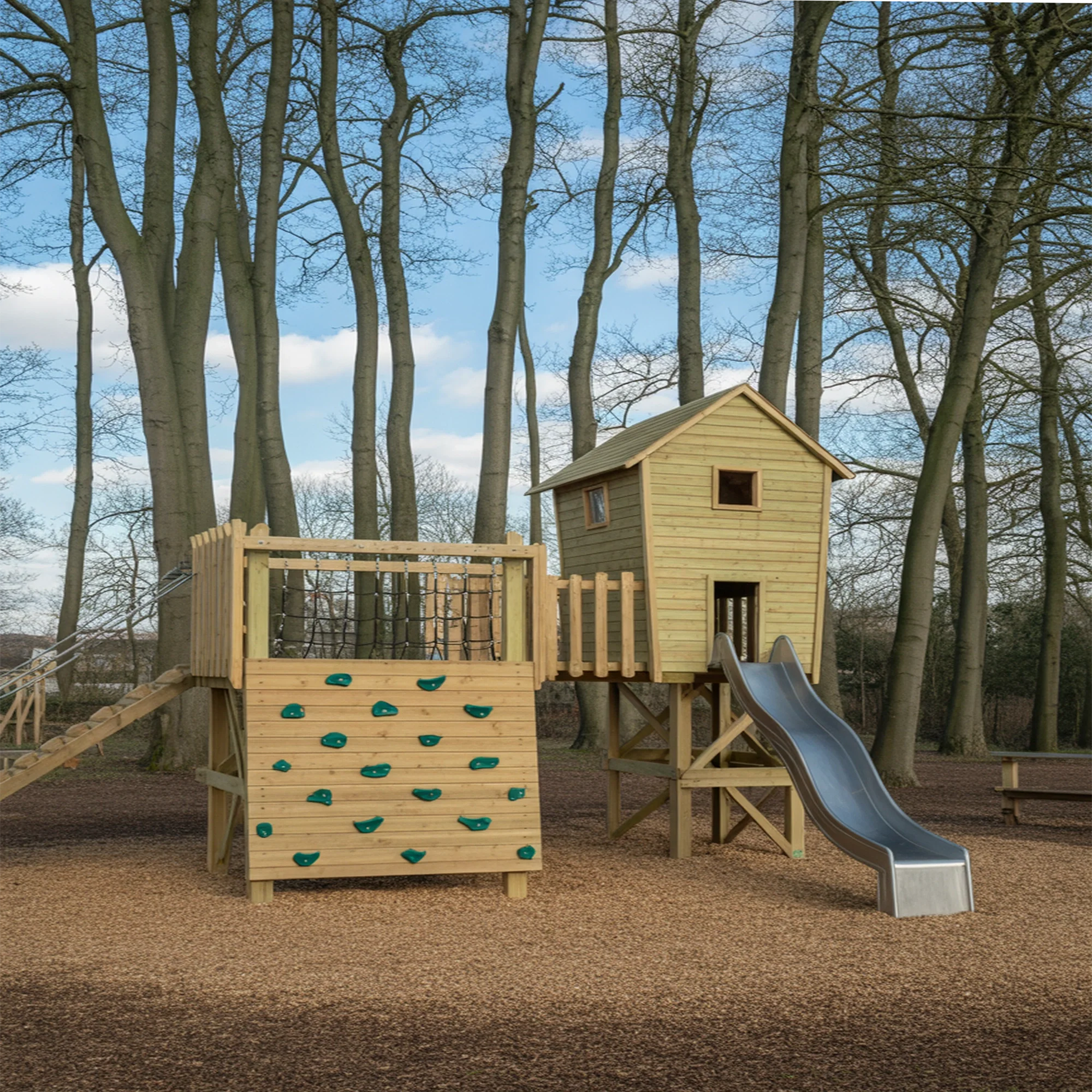 Wooden Playhouse with Dual Slides & Climbing Wall | 22x12x9 ft Backyard Playground