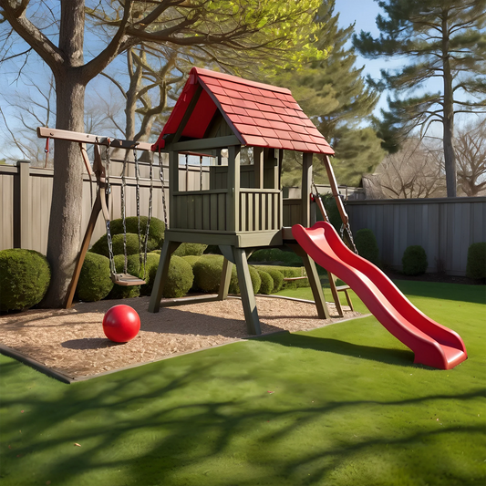 Backyard Wooden Playhouse Swing Set – Double Swings, Slide & Play Area for Kids