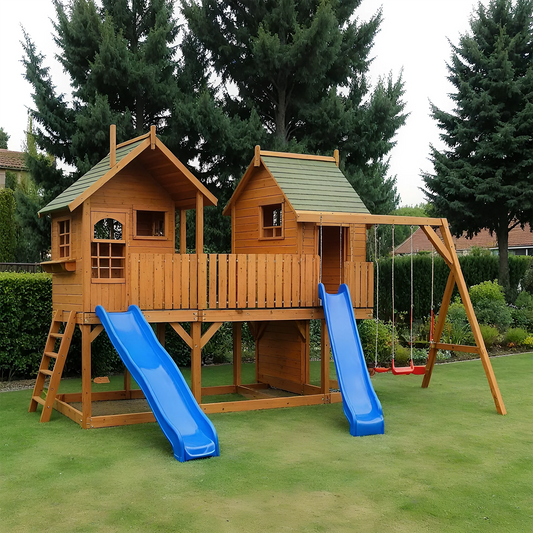 Outdoor Wooden Swingset with Playhouse, Slide & Climbing Wall