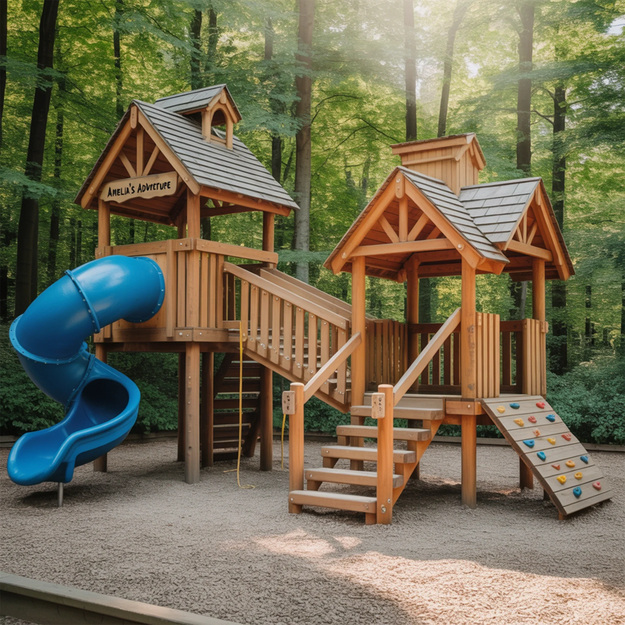 Deluxe Wooden Outdoor Playset with Twin Towers, Spiral Tube Slide, Rock Wall & Clubhouse – 9ft Height x 20ft Length x 10ft Width