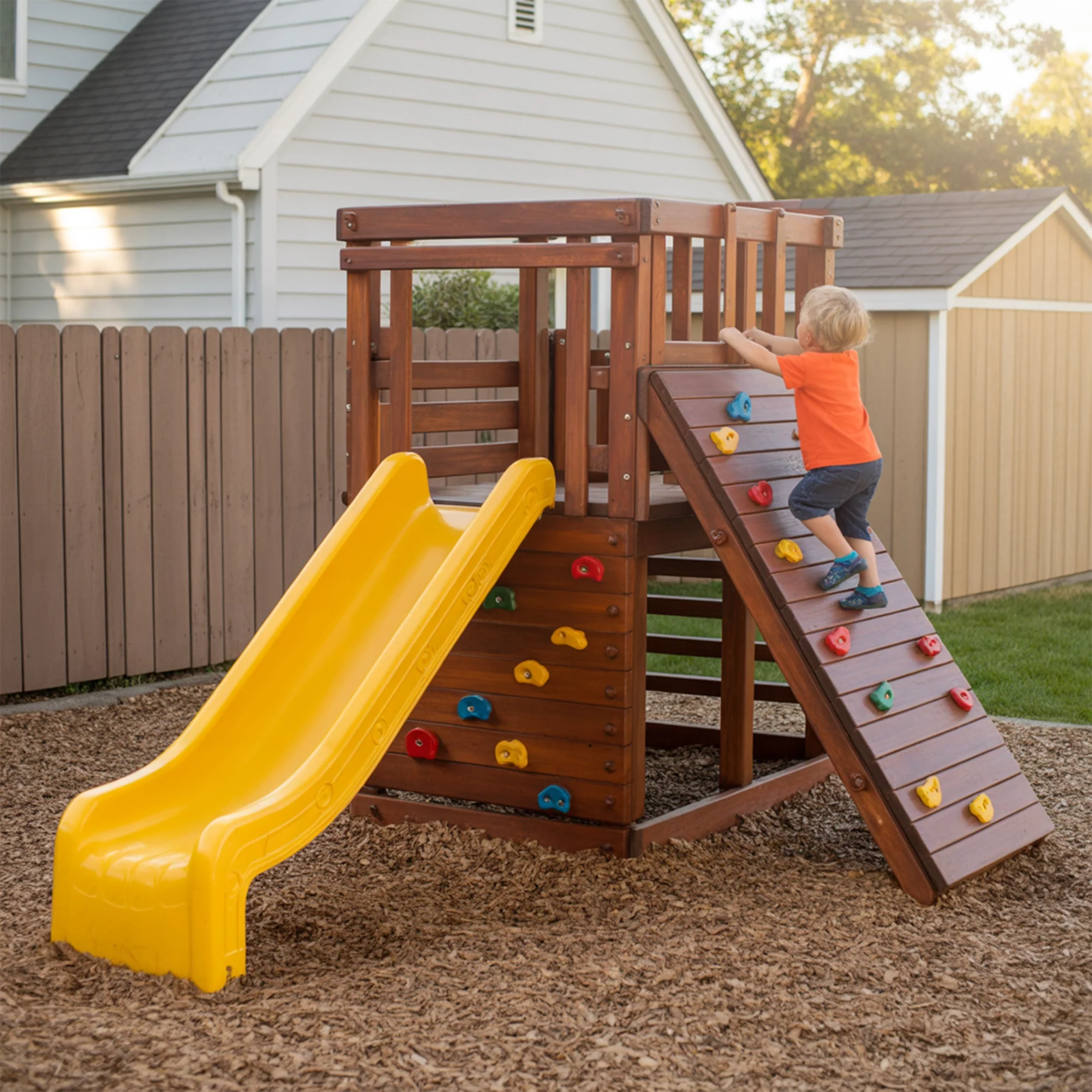 Compact Wooden Playset with Yellow Slide & Rock Climbing Wall – Backyard Fun for Kids | 10x10x9 ft