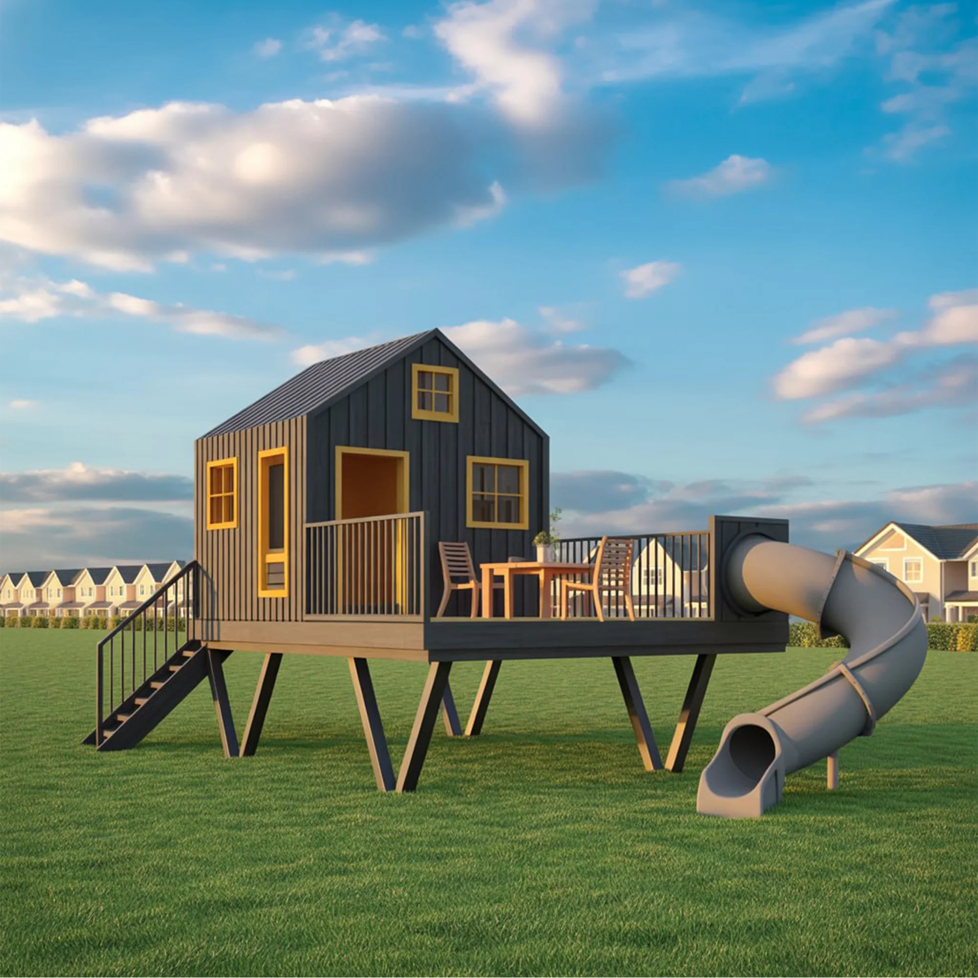 Modern Elevated Playhouse with Spiral Slide – Outdoor Wooden Adventure Set, 22ft x 12ft x 9ft