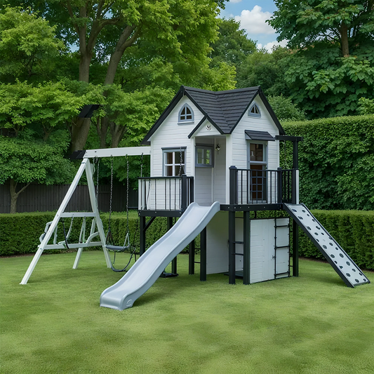 Multi-Activity Wooden Swing Set with Double Slides, Swings & Gym Rings