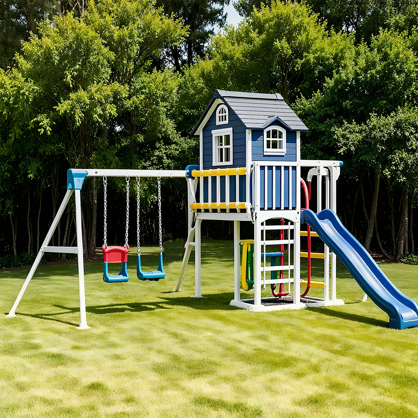 Durable Wooden Swing Set – Kids Outdoor Playset with Slides, Climbing & Playhouse
