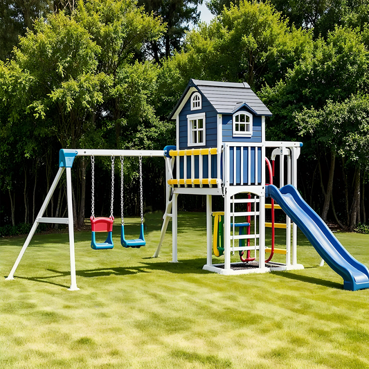 Durable Wooden Swing Set – Kids Outdoor Playset with Slides, Climbing & Playhouse