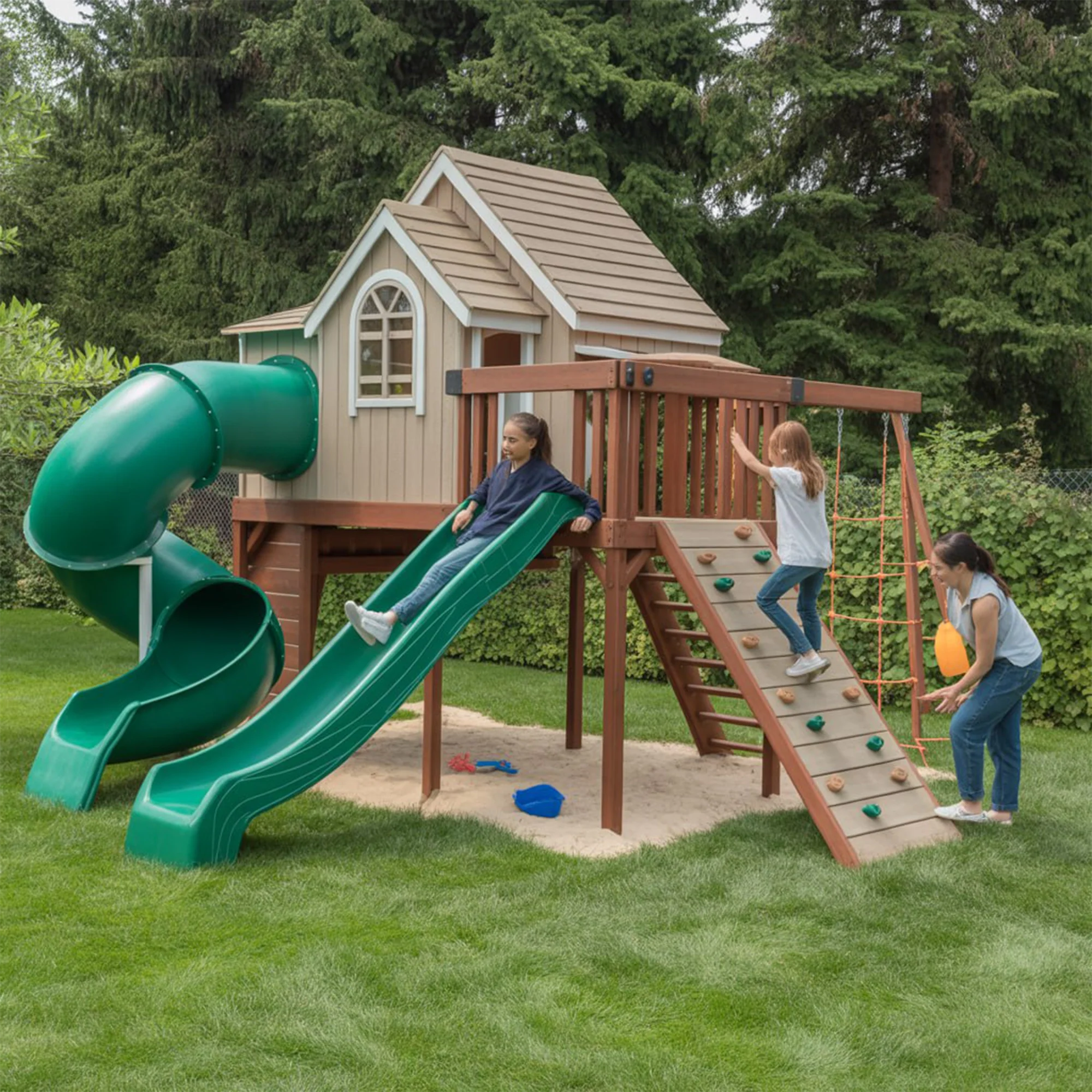 Backyard Wooden Playhouse with Dual Slides, Swings & Rock Wall – Outdoor Kids Playground Set 22x12x9 ft