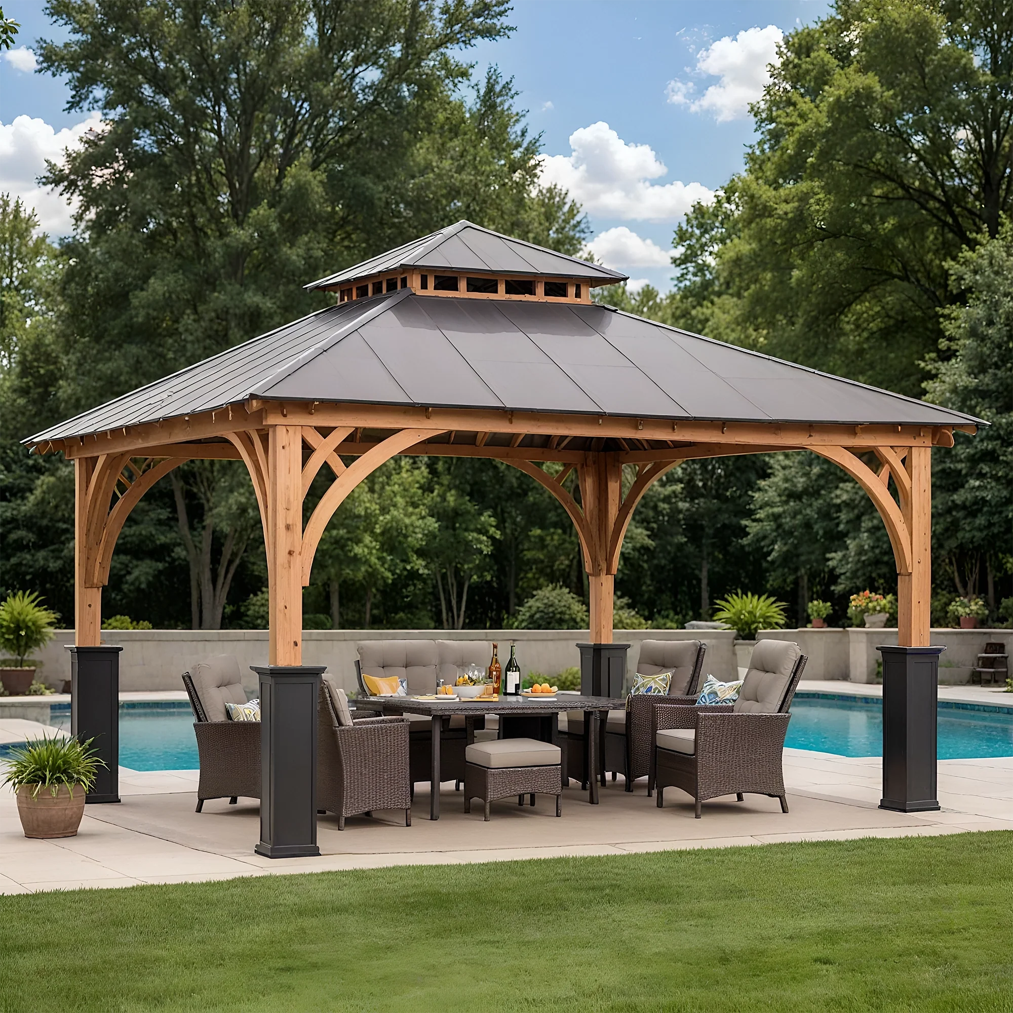 12x12 Wooden Gazebo with Metal Roof | Outdoor Pavilion for Patio, Garden & Poolside Dining