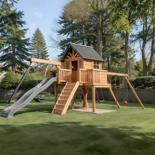 Backyard Wooden Swing Set with Climbing Wall, Playhouse & Slides