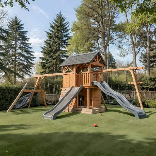 Backyard Playhouse Swing Set with Double Slides, Monkey Bars & Swings