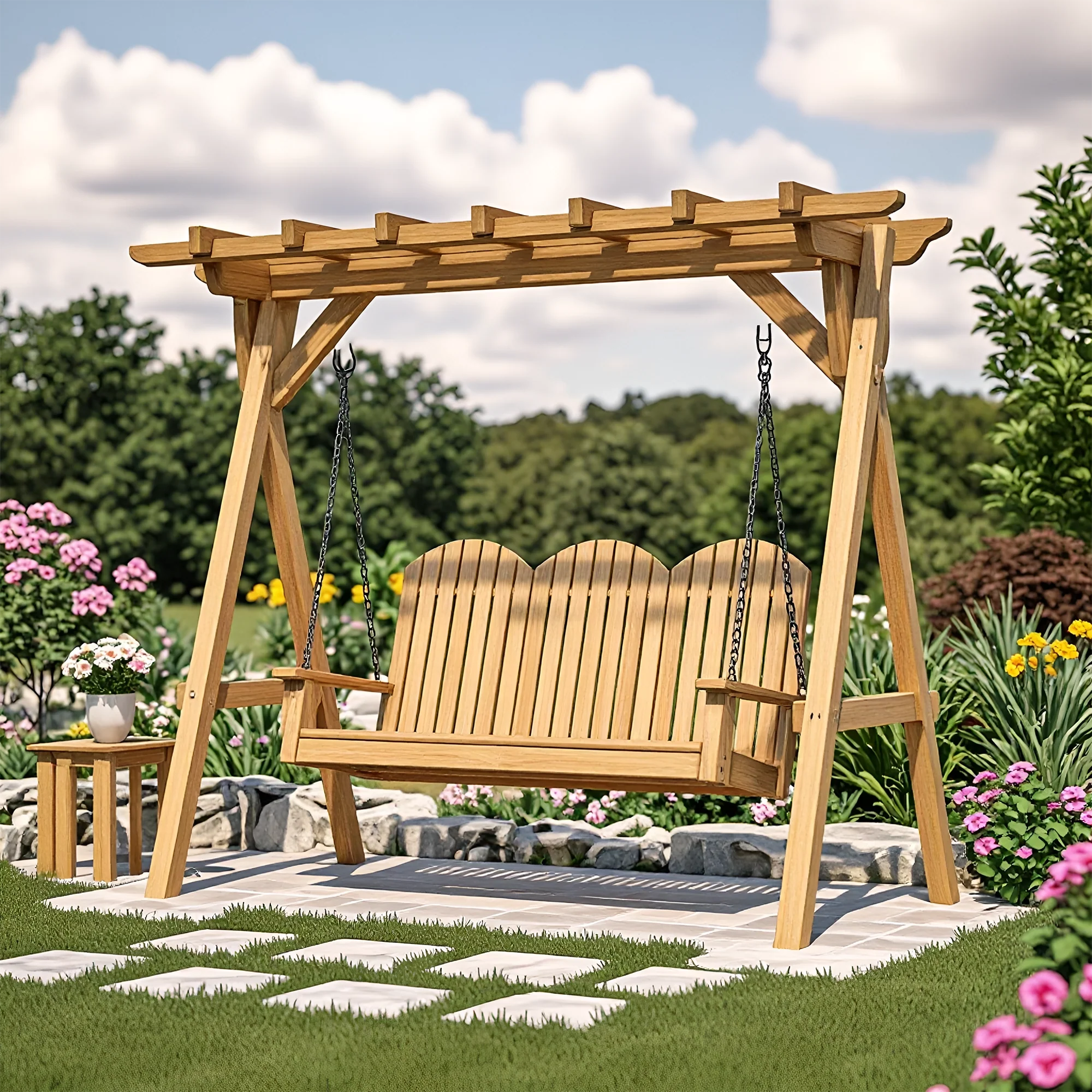 Wooden Garden Swing with Pergola Frame 10x12 ft | Outdoor Patio Swing Seat for Backyard & Porch