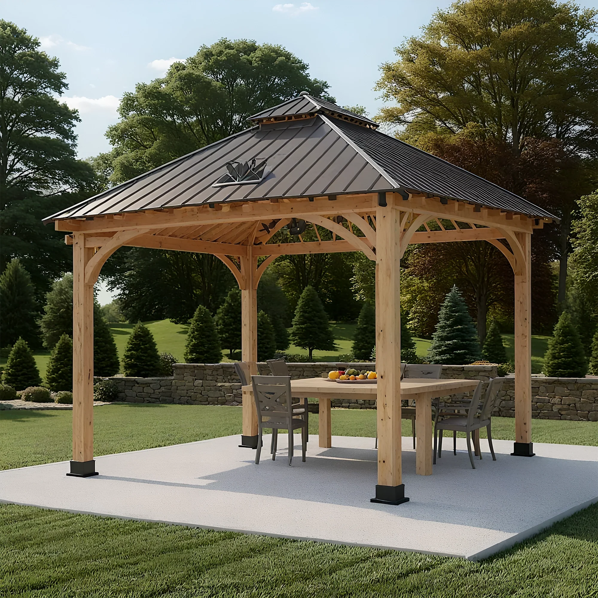 12x12 Wooden Gazebo with Metal Roof | Outdoor Pavilion for Patio, Garden & Backyard Shade