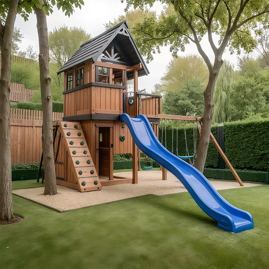 Large Wooden Swing Set with Slide, Swings & Clubhouse – Outdoor Backyard Playground