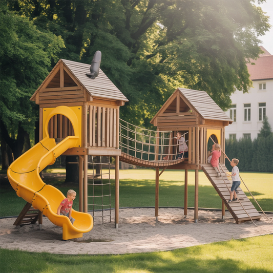 Wooden Twin Tower Playhouse with Rope Bridge & Slide | Outdoor Playground for Kids Backyard Adventure