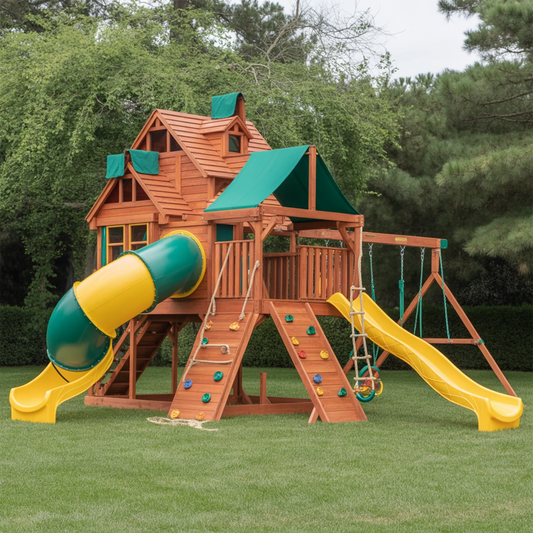 Wooden Swingset with Tube Slide, Double Slide & Swings – Outdoor Playset