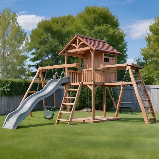 Large Wooden Swing Set – Outdoor Playhouse, Slide & Dual Swings for Safe Kids Play