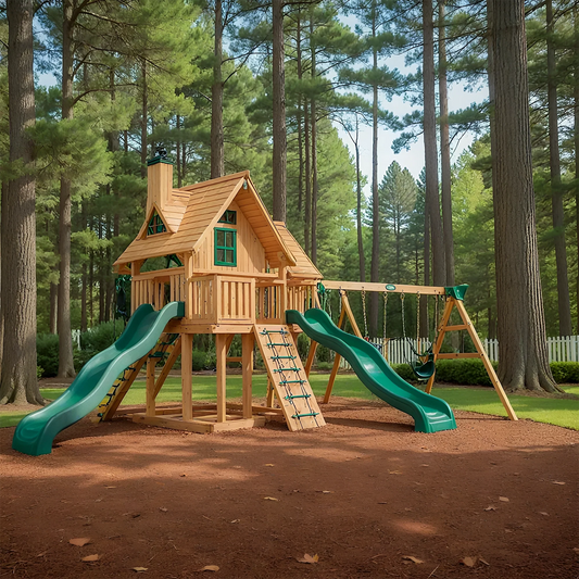 Large Wooden Swing Set with Dual Slides & Playhouse – Backyard Outdoor Playground (22 ft)
