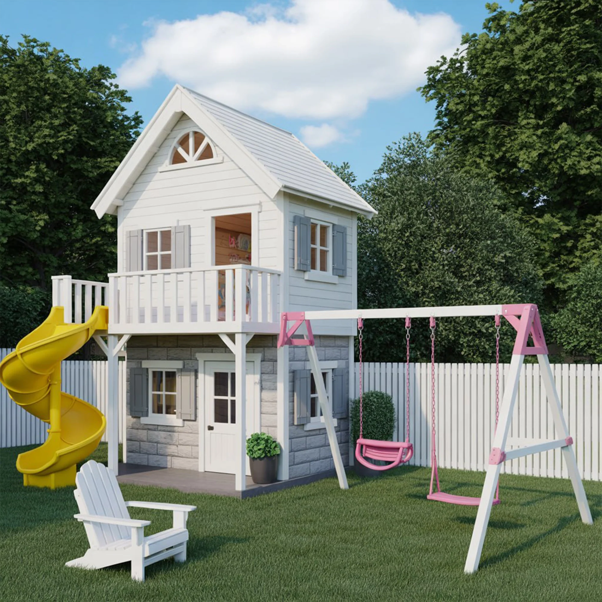 Large Backyard Wooden Playhouse with Spiral Slide – 9ft Tall