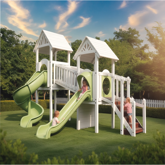 Twin Tower Wooden Playhouse with Slides & Bridge | Outdoor Kids Playground for Backyard Adventure