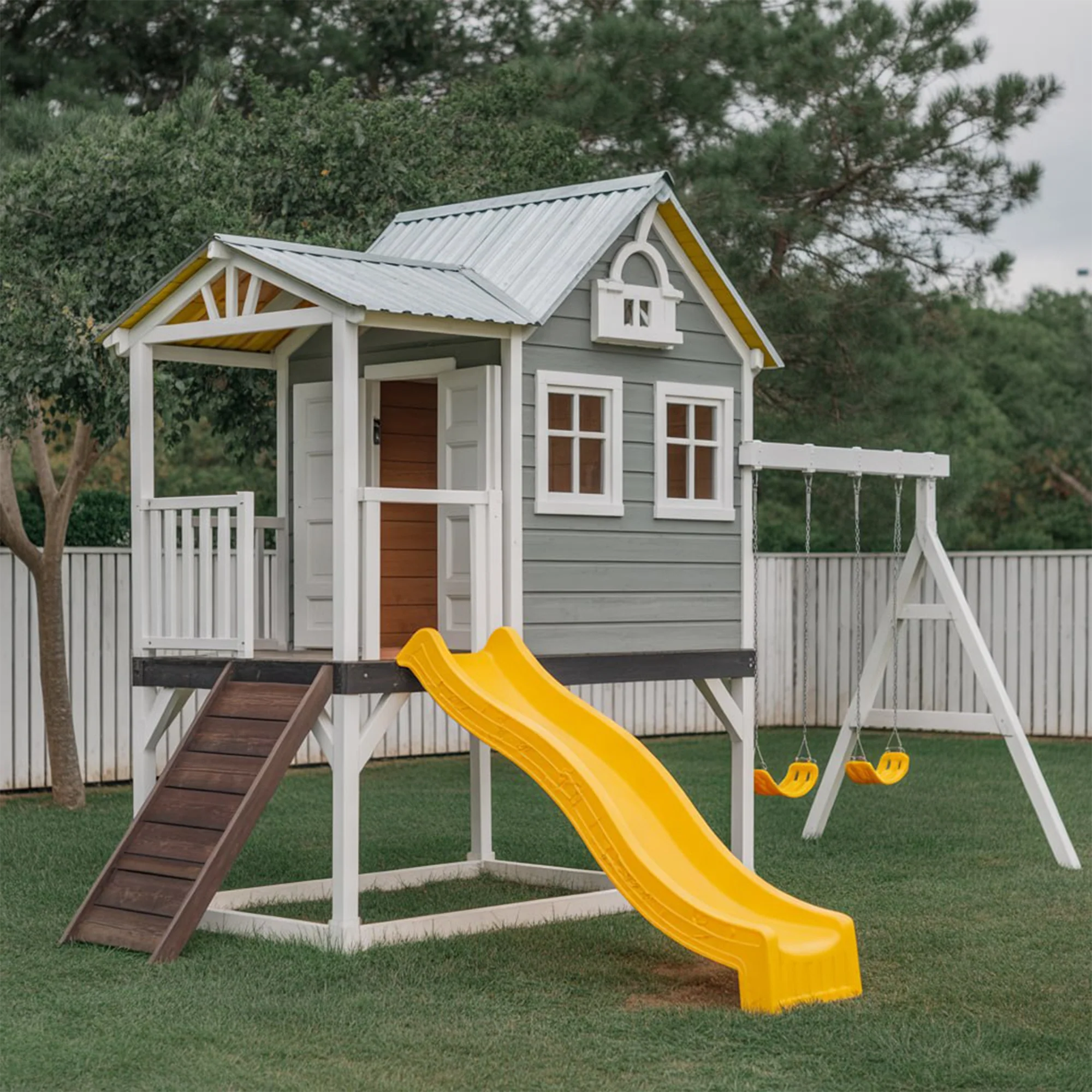 Modern Kids Playhouse with Slide and Swings – Outdoor Backyard Fun